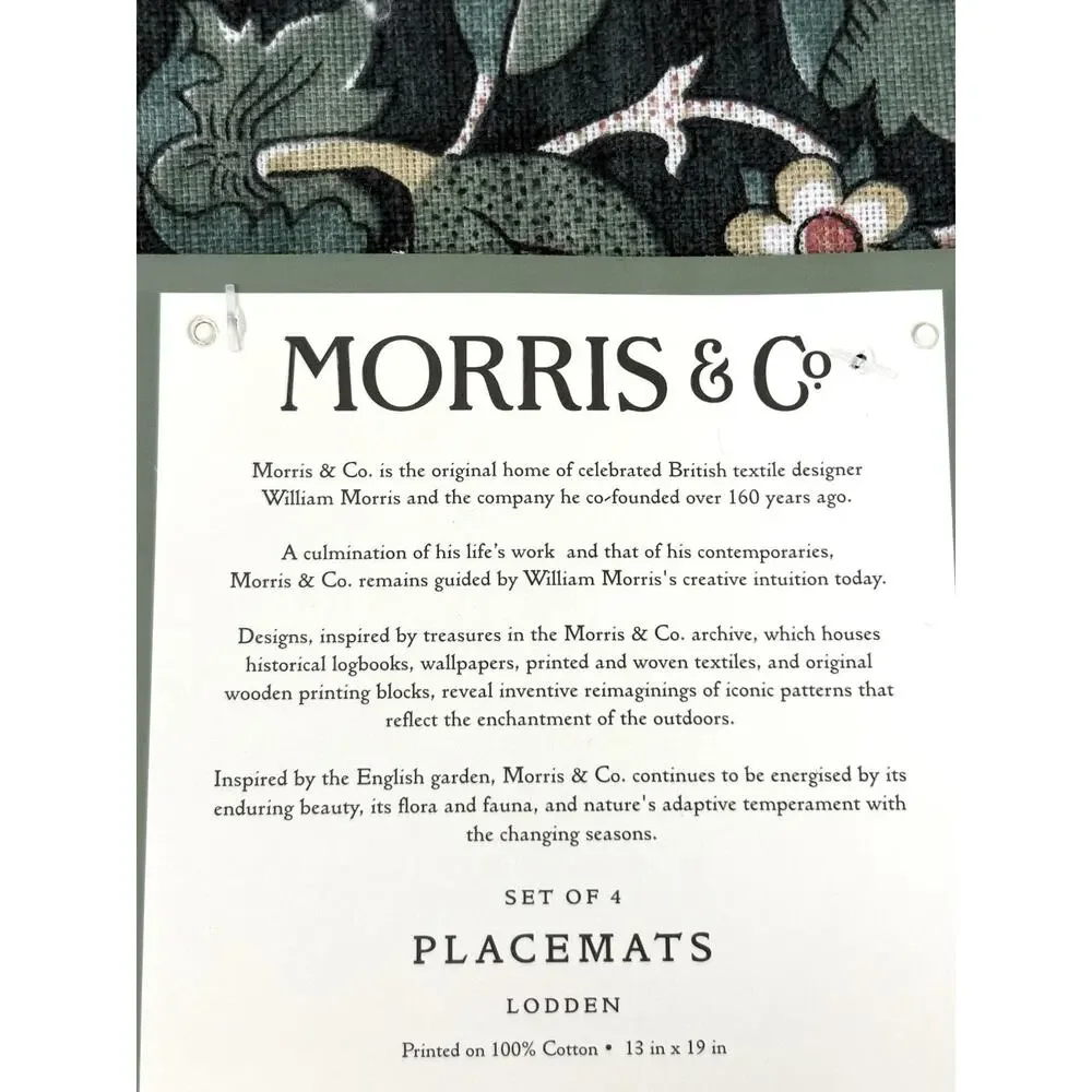 William Morris & Co Placemats Lodden 100% Cotton Fabric Dark Green 13x19” Set 4